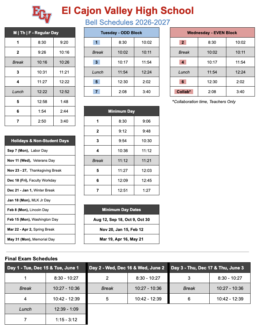 Bell schedule for 2022-2023
