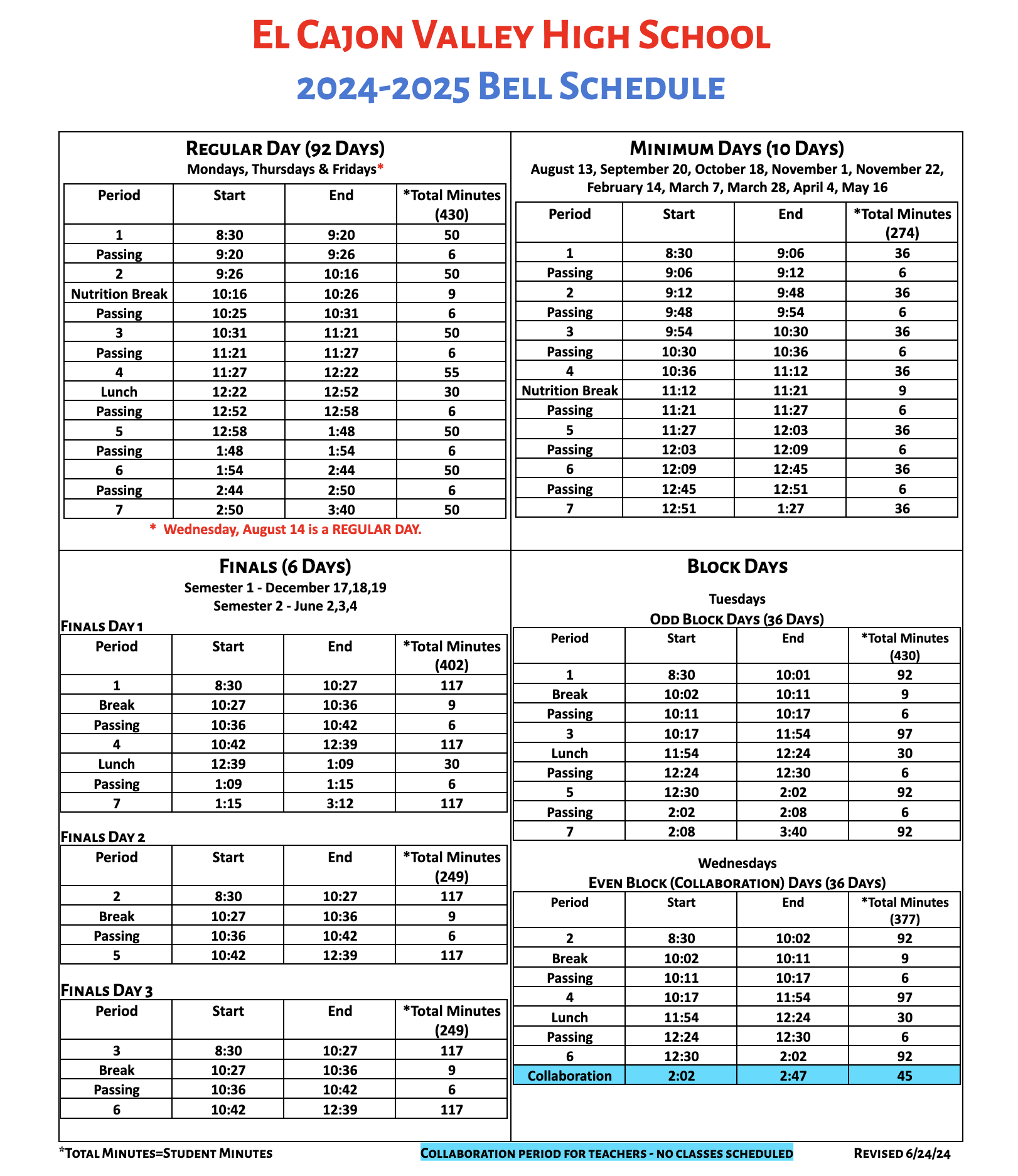 Bell schedule for 2022-2023