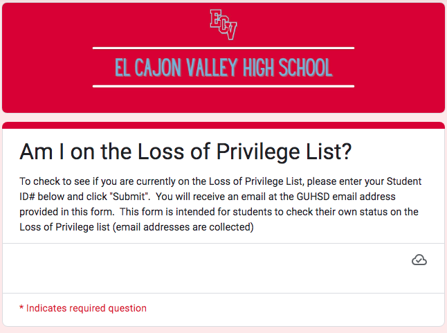 Loss of Privileges List for GUHSD Student ID