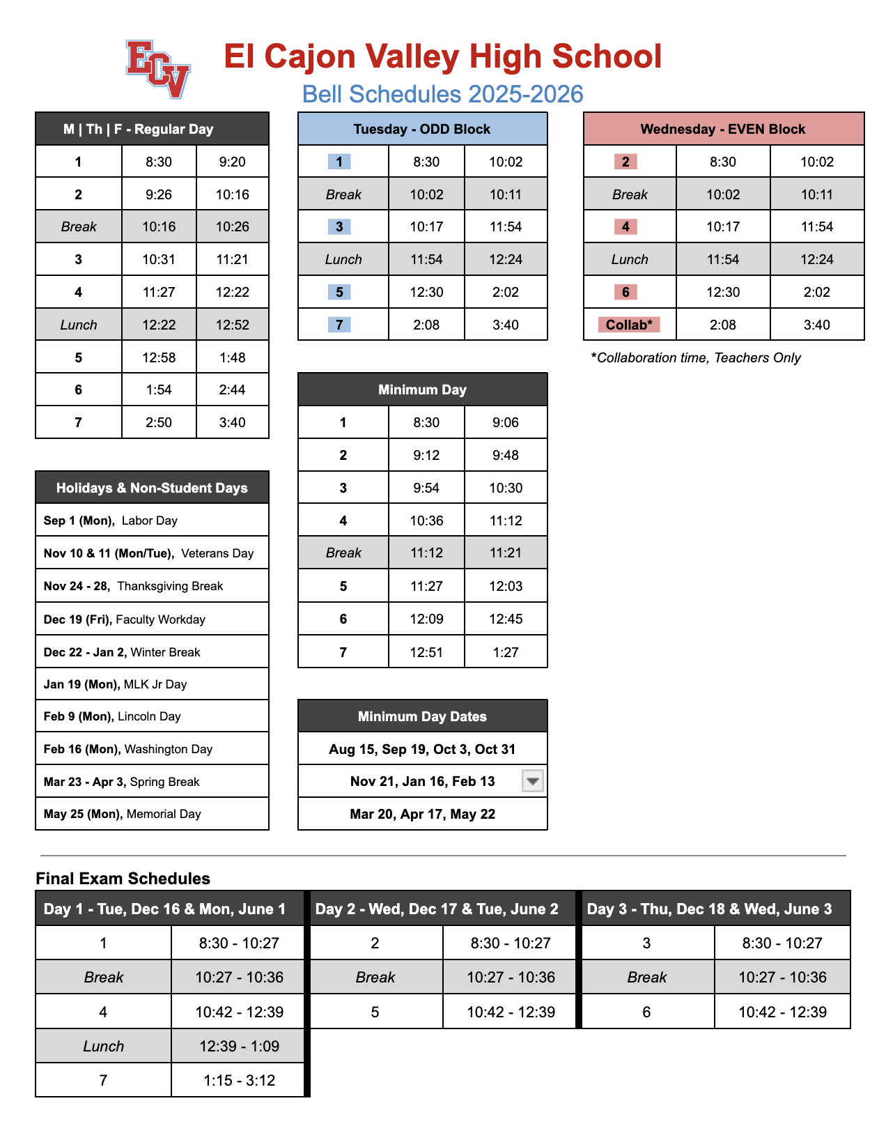 Bell schedule for 2022-2023